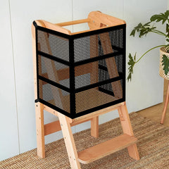 Rainmae Learning Tower safety net 3-sided protection surrounds the tower for safer play.