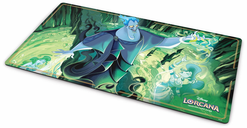 Ravensburger Lorcana Hades playmat artwork elevates table setup with bold, fiery design.