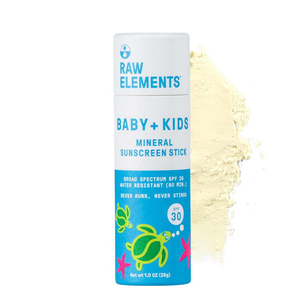 Raw Elements baby-kids-spf30-stick application demonstrates easy on-the-go sun protection.