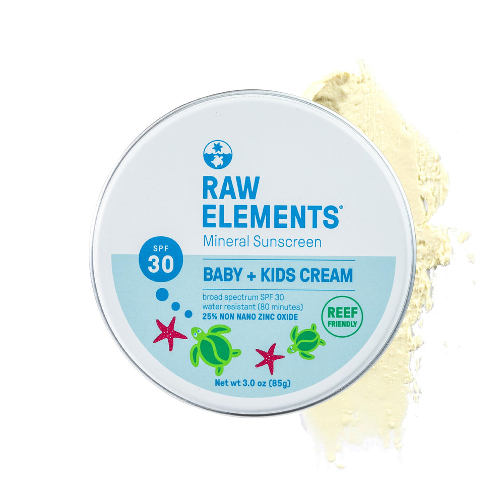 Raw Elements Baby and Kids SPF 30 tin closeup showing portable sun protection.