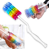 Rayhee bottle brush cleaner shown cleaning a baby bottle with thorough results.
