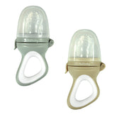 RaZbaby feeder with grey-tan pouch showcases BPA-free silicone for safe solids.