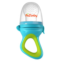 RaZbaby Baby Solids Feeder pouch blue-green demonstrates safe self-feeding with soft solids.