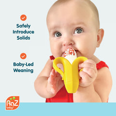 RaZbaby Fruitique feeder banana open; large opening for refilling fresh or frozen fruit.