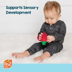 RaZbaby Fruitique feeder banana plunger; enhanced food access reduces refilling during feeding.