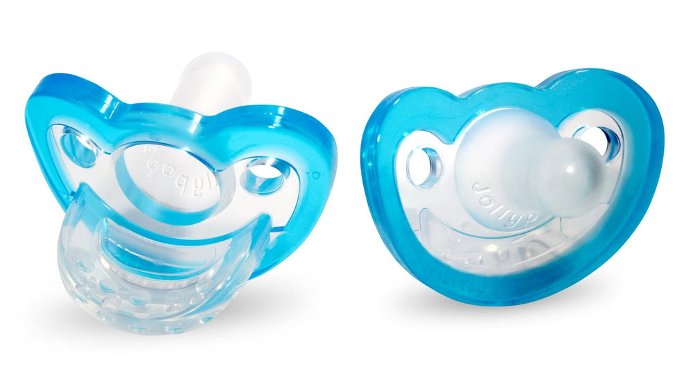 RaZbaby JollyPop blue front view shows orthodontic design for gentle soothing.