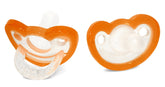 RaZbaby JollyPop orange pacifier close-up shows silicone comfort and safe 1-piece design.