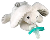 RaZbaby JollyPop pacifier holder with bunny plush keeps pacifier handy for easy reach.