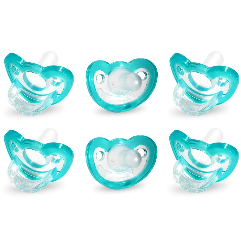 RaZbaby JollyPop pacifier teal close-up shows orthodontic silicone nipple for comfortable soothing