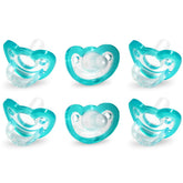 RaZbaby JollyPop pacifier teal close-up shows orthodontic silicone nipple for comfortable soothing