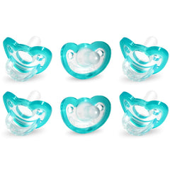 RaZbaby JollyPop pacifier teal close-up shows orthodontic silicone nipple for comfortable soothing