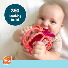 RaZbaby RaZ-Pear rattle-sound teether entertains baby with gentle chimes for cognitive engagement.