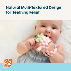 RaZbaby RaZberry Grip teether with BerryBumps textures for soothing chewing.
