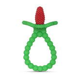 RaZbaby RaZberry Plus teether with BerryBumps texture supports front and back gum relief.