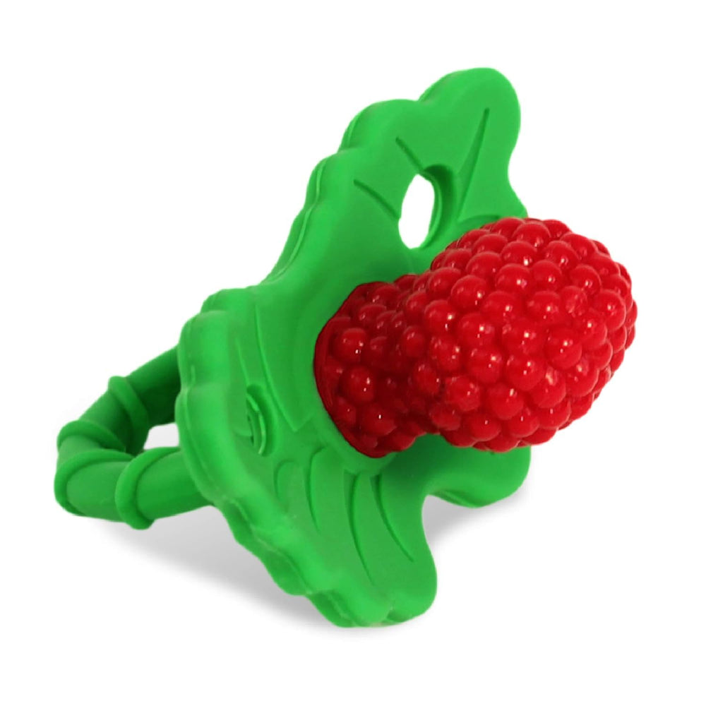 RaZbaby RaZberry teether front view showing BerryBumps texture for soothing sore gums during chewing.