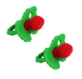 RaZbaby Razberry teether red shows BPA-free silicone for gentle teething relief.