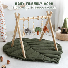 Razee wooden baby gym frame shows tool-free setup for quick play.
