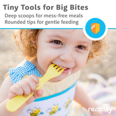 Re-Play Princess utensils shown in meal-time setup for easy cleanup