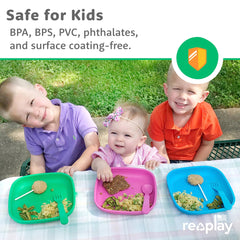 Re-Play toddler plates stackable design saves kitchen storage space.