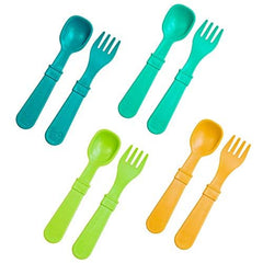 Re-Play toddler-utensils front-view eight-piece set for independent self-feeding.