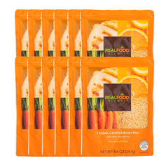 Real Food Blends 12-pack chicken-carrots-brown-rice pouch for blenderized feeding.