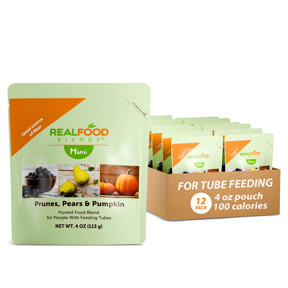 Real Food Blends Mini prunes-pear-pumpkin-pouch offers convenient real fruit tube feeding.
