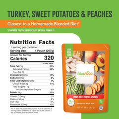 Real Food Blends 12-pack 9-4-oz meals stacked for shelf stability.