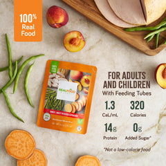 Real Food Blends puree close-up showing real ingredients and smooth texture.