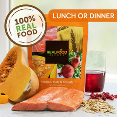 Real Food Blends salmon-oats-squash-puree bowl closeup—creamy texture ideal for tube feeding.