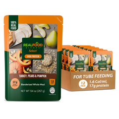Real Food Blends Select Turkey Pears Pumpkin front pouch shows high-protein feeding option