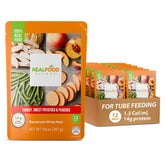 Real Food Blends turkey-sweet-potatoes-peaches puree in bowl ready for tube feeding.