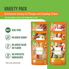 Real Food Blends 12-pouch pack ready for convenient tube-fed meals on busy days.