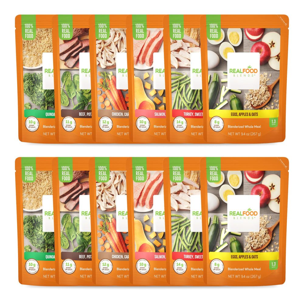 Real Food Blends Variety Pack front label showcases real ingredients for diverse tube feeding nutrition.