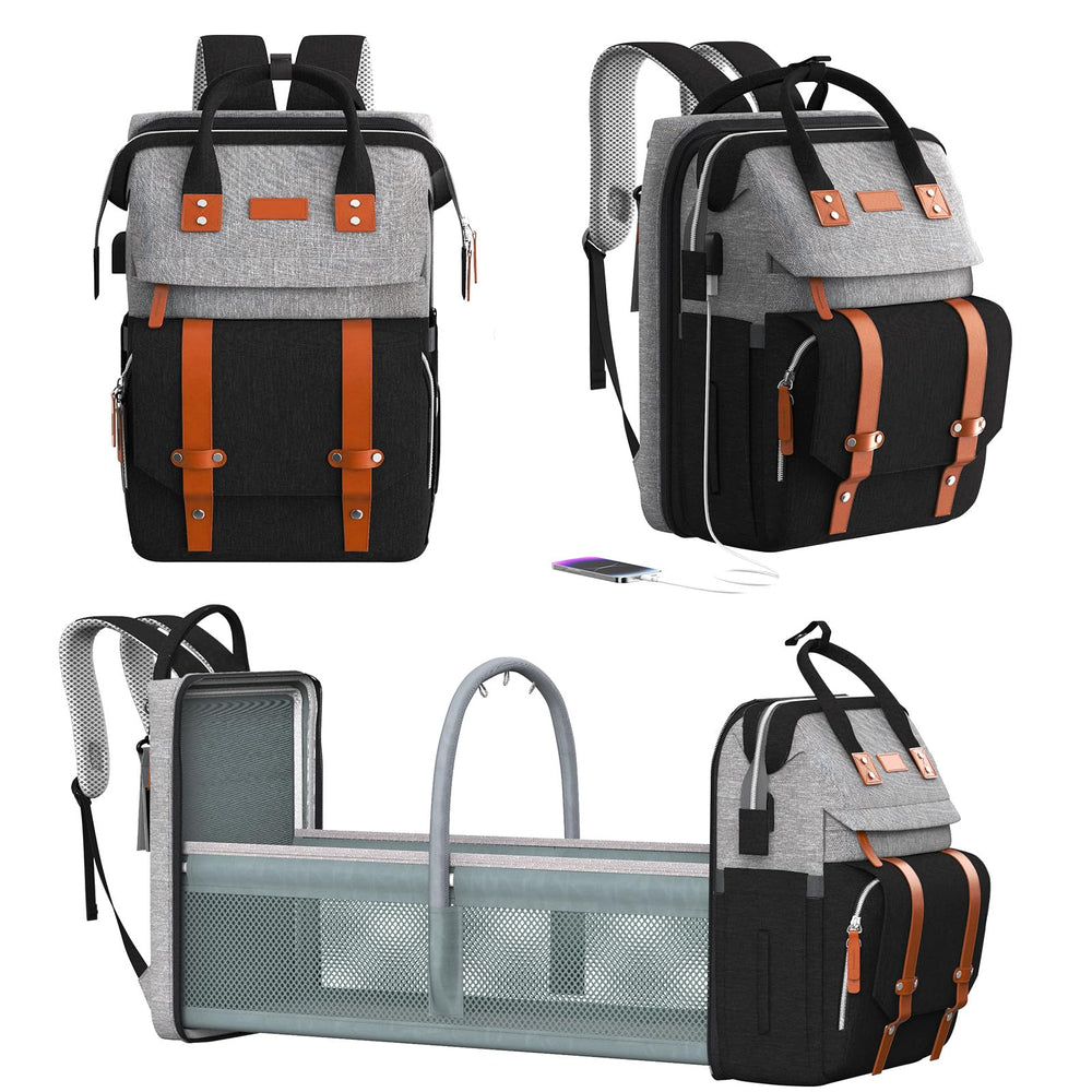 RECALLA diaper bag backpack gray-black exterior front shows organized pockets for busy parents.