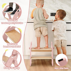 Reeple bamboo step stool pink top view shows non-slip surface for safe standing.