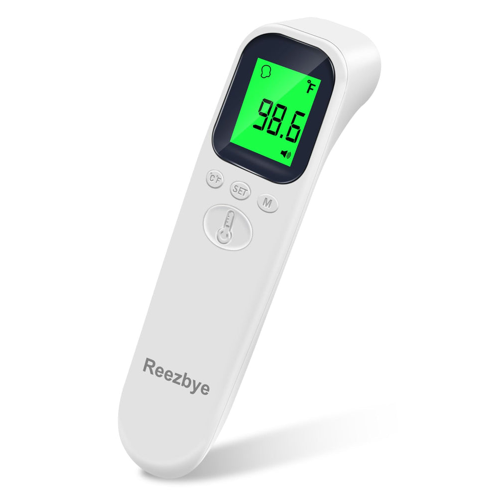 Reezbye non-contact thermometer forehead close-up for fast, hygienic readings.