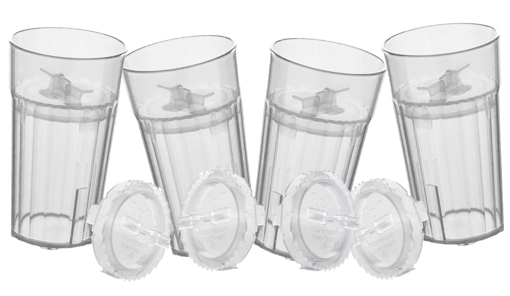 Reflo Smart Cup Bundle Clear 4-Pack with four transparent cups for easy monitoring during meals.