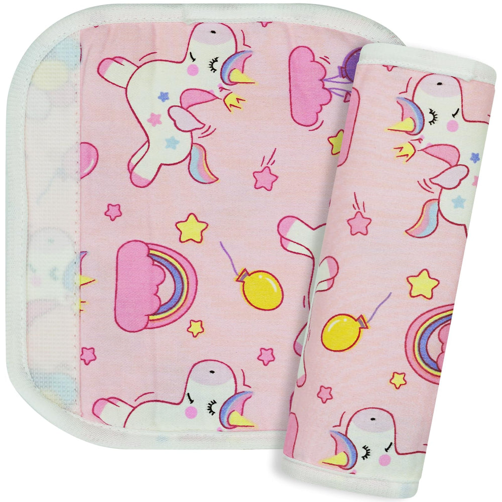 REFLYAWAY pink unicorn neck cover on car seat offers cozy travel support.