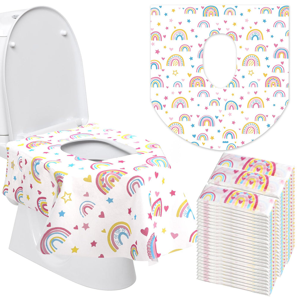 Reginary rainbow disposable toilet seat covers packaging, ideal for travel and family use.
