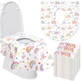 Reginary rainbow disposable toilet seat covers packaging, ideal for travel and family use.