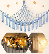 RelaxScene stuffed animal hammock in blue provides space-saving toy storage for kids' room.