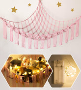 RelaxScene stuffed animal hammock assembly showing quick setup for organized play space