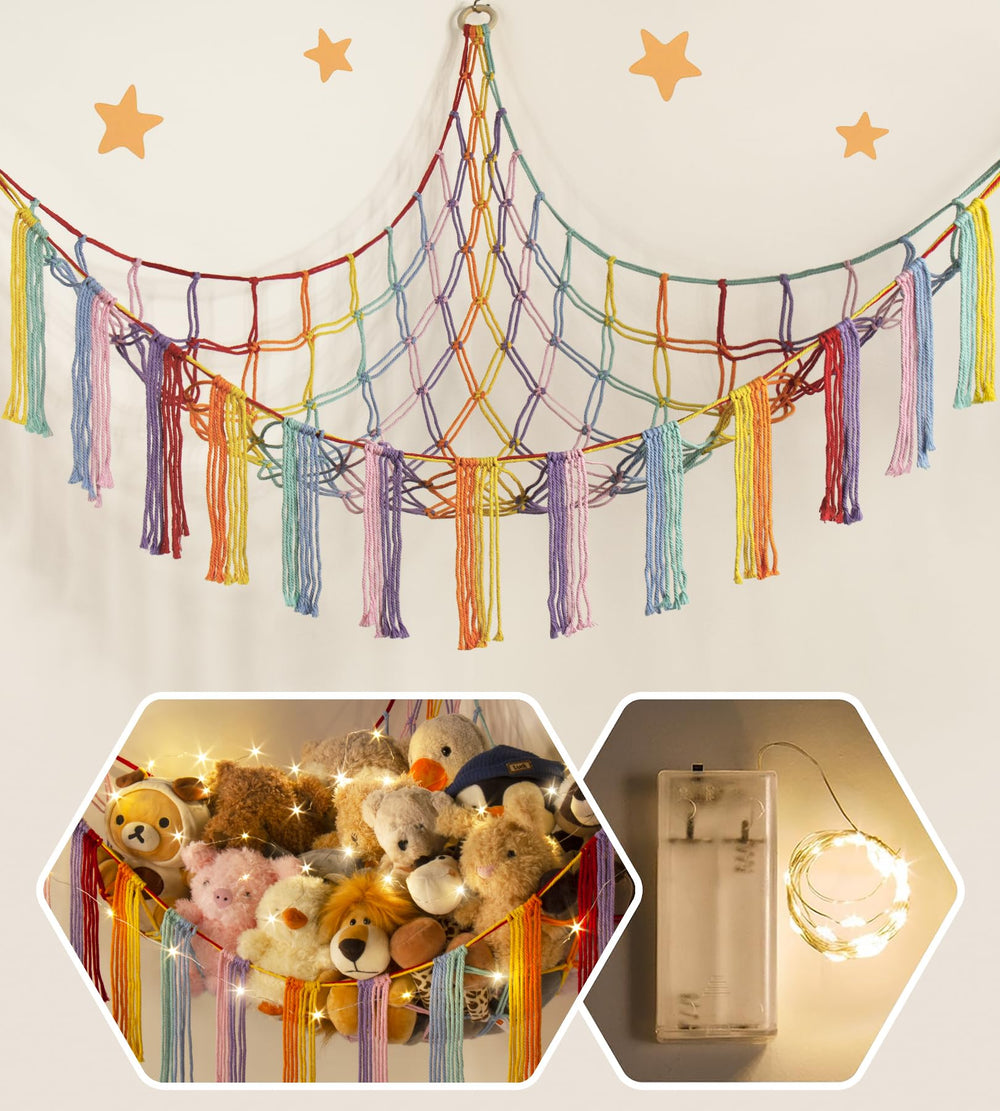 RelaxScene stuffed animal hammock corner with LED light keeps toys organized at night