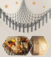 RelaxScene stuffed animal hammock LED-light view highlights cozy, organized kids' toys at night.