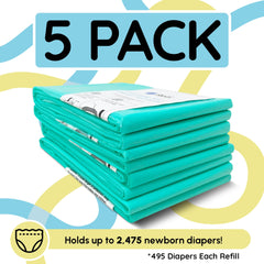Reli diaper pail refills hold up to 2,475 newborn diapers.