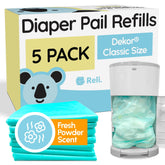 Reli diaper pail refill 5-pack with powder fresh scent for odor blocking.