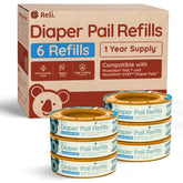 Reli diaper pail refill 6-pack box shows tidy packaging for convenient restocking.
