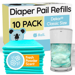Reli diaper pail refill packaging demonstrates easy replacement for Dekor Classic, with strong odor blocking