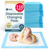 Reli disposable changing pads 110-pack on a changing table offer tidy, mess-free diaper changes.