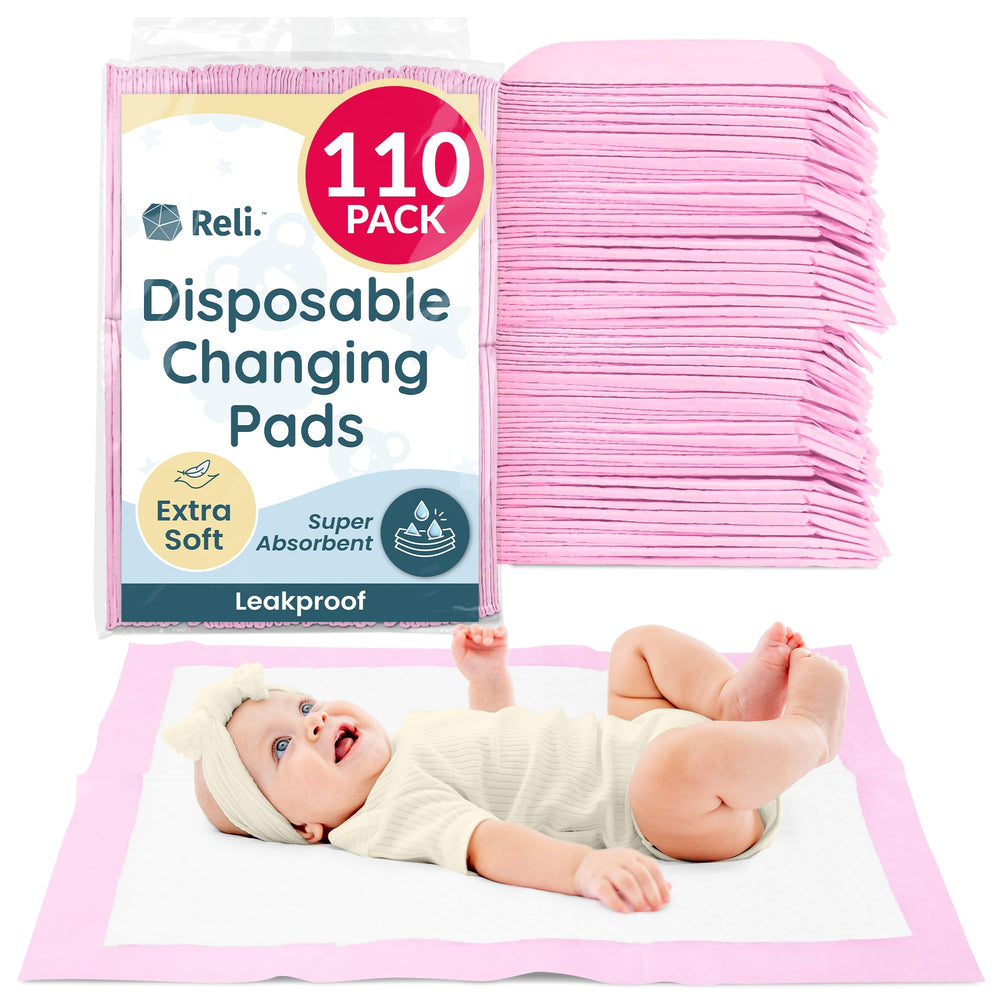 Reli disposable changing pads front view shows a compact 110-pack for on-the-go diaper changes.